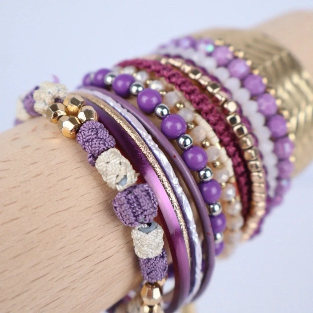 Women Bracelet Stack (15) Bangle Beaded Woven Stretch Purple Gold‎ Leather Stone